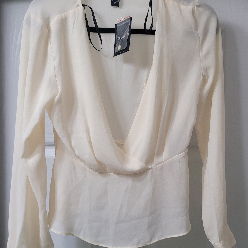 Forever 21 deep plunge open Vneck semi sheer cream color blouse long sleeve S